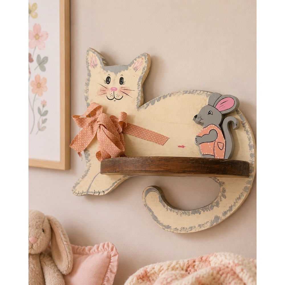 Vintage Baby Girl Nursery Cottage Core Cat Mouse Pink Wall Hanging Shelf 12"